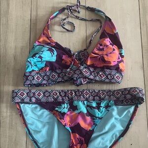 Xhilaration Floral Halter Bikini in Purple, Turquoise & Pink